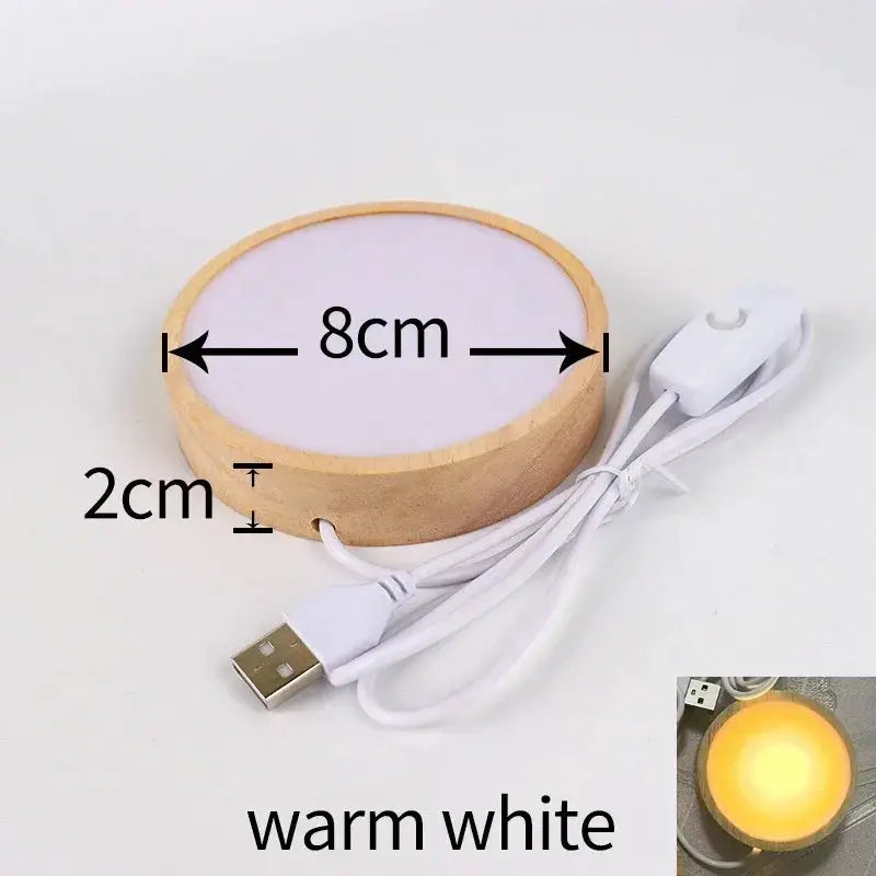 Round wooden LED night-light base with USB cable, warm white, 8 cm diameter, decorative display stand