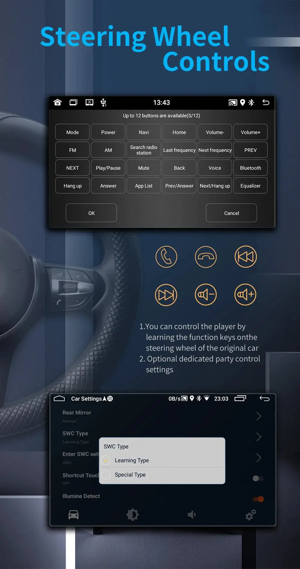 2Din Android car radio for VW/Skoda by Simples Market with steering wheel controls and GPS navigation.
