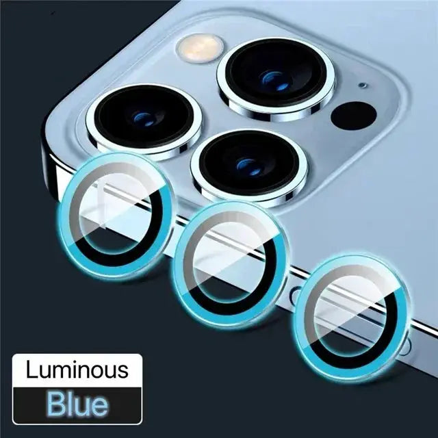 3-pack metal camera lens protectors for iPhone back cameras, luminous blue rings by Simples Market