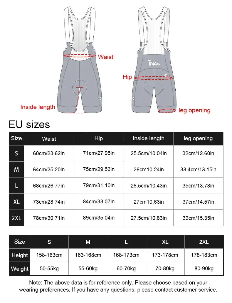 INBIKE men's cycling bib shorts in grey with bib straps, front and back views; includes EU size chart for S–2XL.