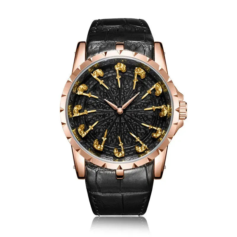 Men's quartz watch with rose-gold case, black dial featuring twelve gold knight motifs, black leather strap.