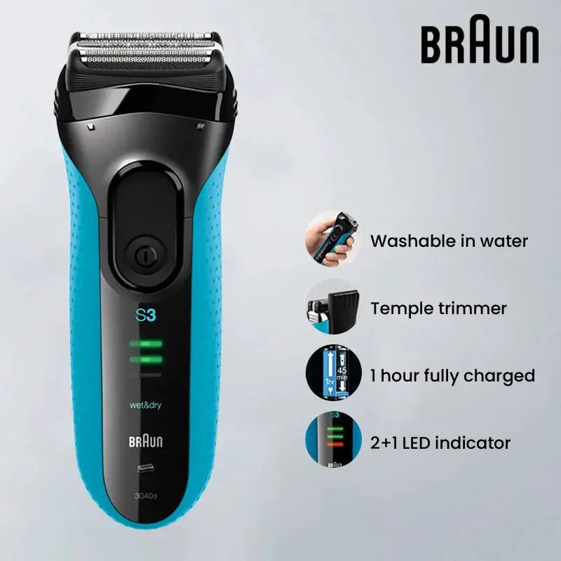 Braun 3 Series ProSkin 3040S electric shaver with blue sides, waterproof, built-in trimmer, 2+1 LED indicators.