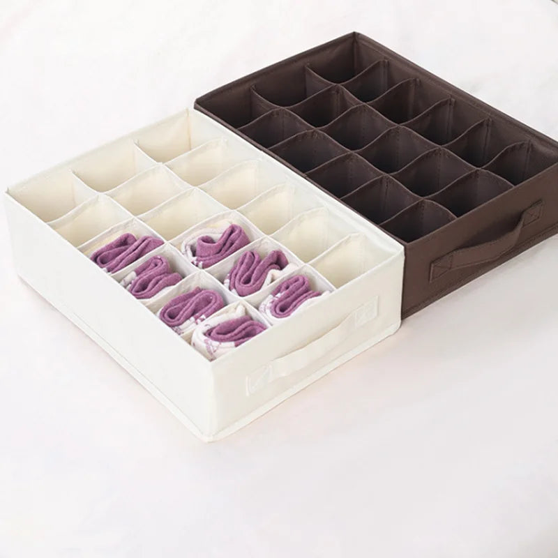 Simples Market underwear and sock organizer storage boxes; white and brown, two 12-compartment drawers with purple rolled socks.