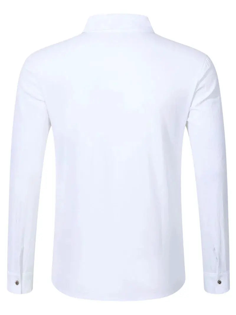 White men's long-sleeve casual shirt, back view with collared neckline and plain fabric.