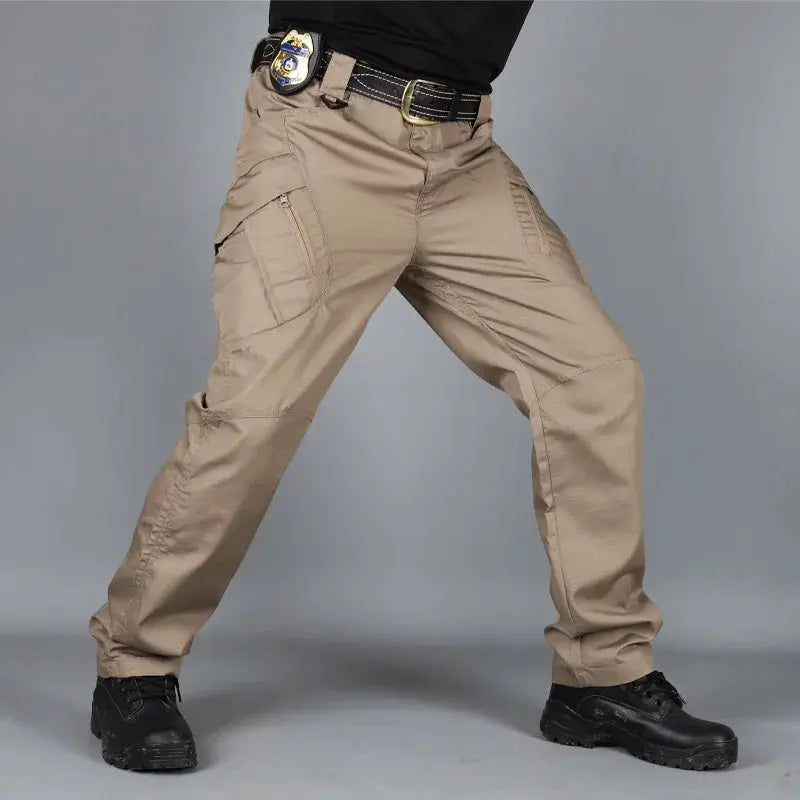 Military tactical cargo pants for men in khaki with multiple pockets and rugged belt