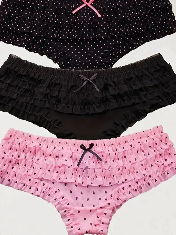 Simples Market women's low-rise briefs 3-pack with ruffled lace trim and bows; black polka-dot, solid black, pink heart-print