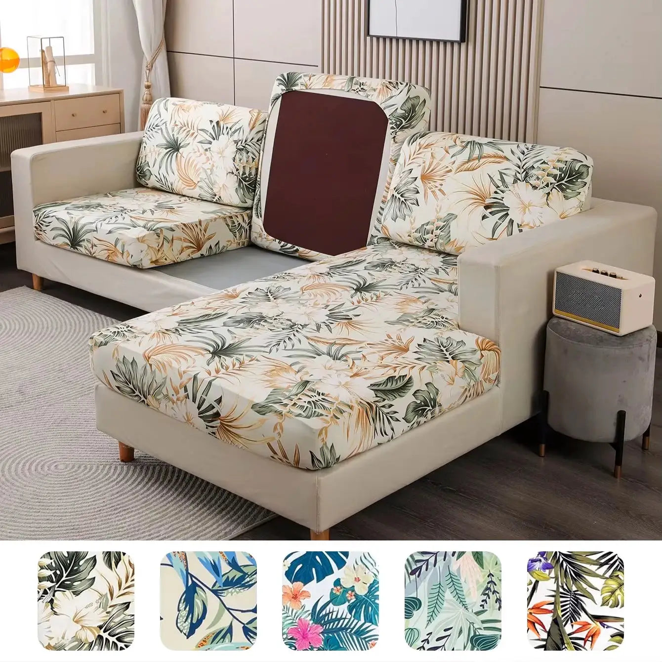 Tropical rainforest leaf printed milk-silk sofa cover set for a white sectional; elastic, dust-proof and detachable