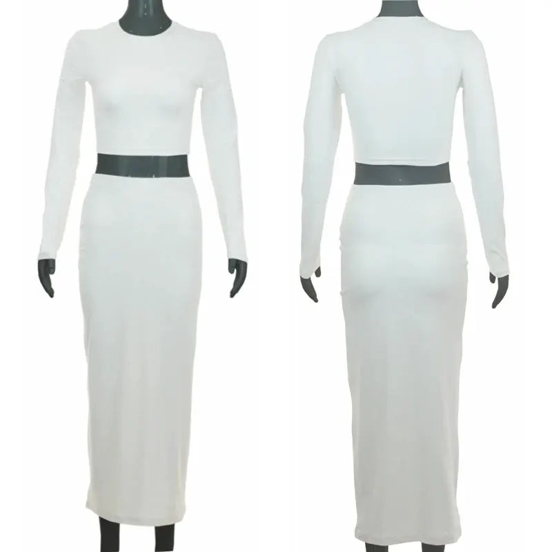 Womens Long Sleeve Crop Top And Mid Calf Skirt Suit 2 Piece Set