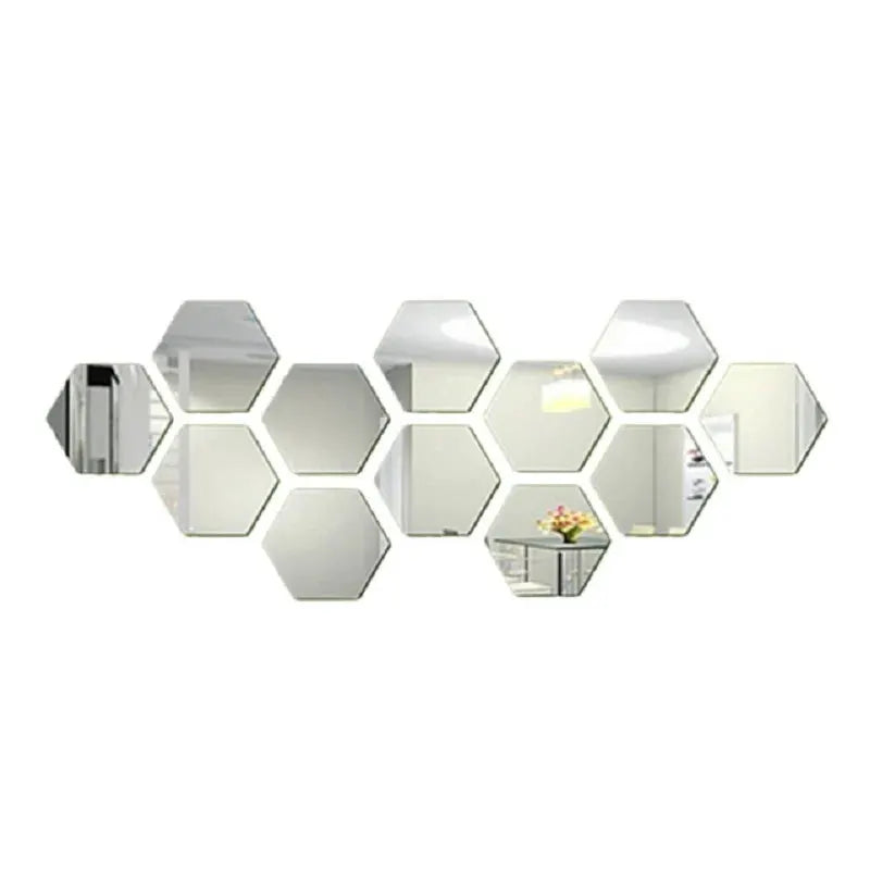 Hexagon mirror wall stickers set, 6/12 pieces, 126mm each, self-adhesive decor