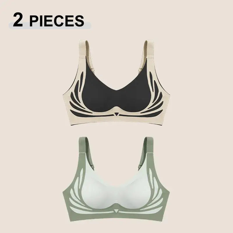 Two-piece Simples Market seamless push-up bra set in beige-black and sage green-white with angel wings design
