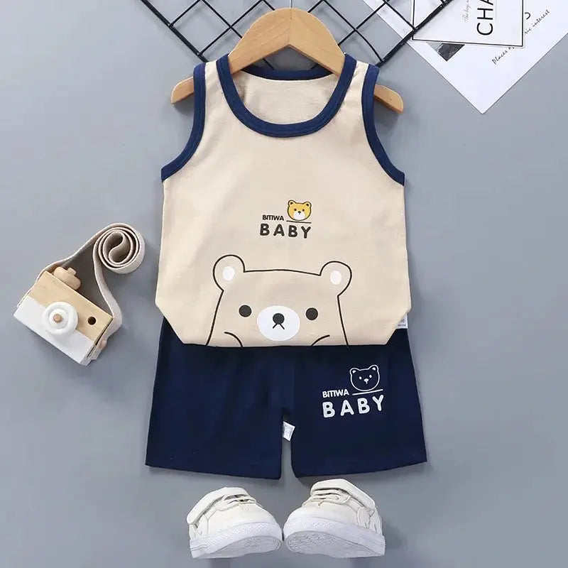 Simples Market kids 2-piece vest set: beige sleeveless top with navy trim and navy shorts with bear graphic