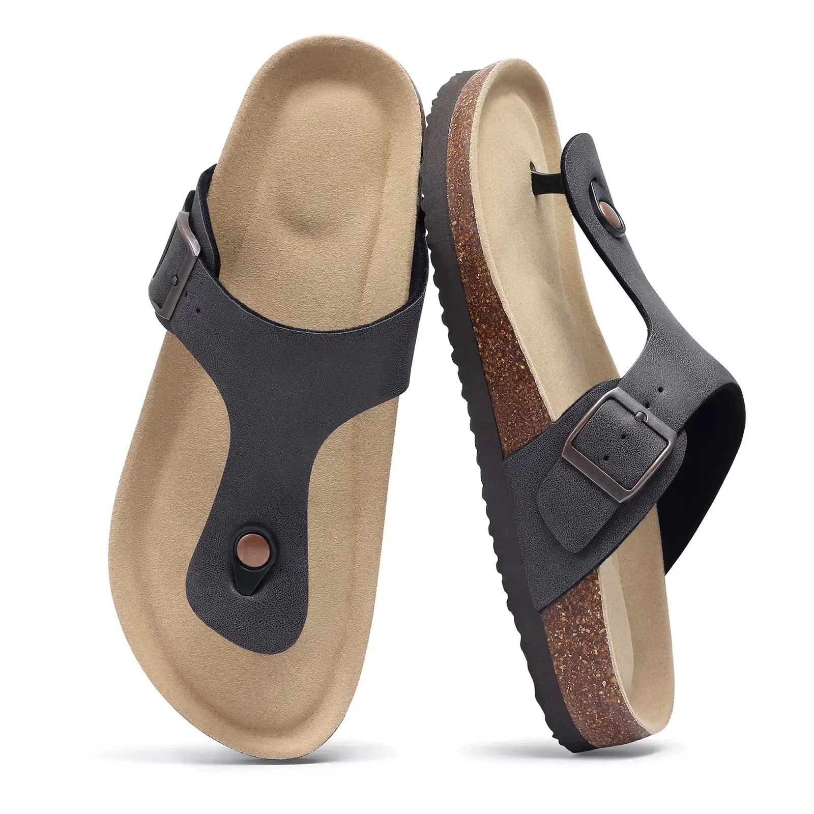 Simples Market Crestar women's suede sandals with adjustable strap, cork footbed, black uppers.
