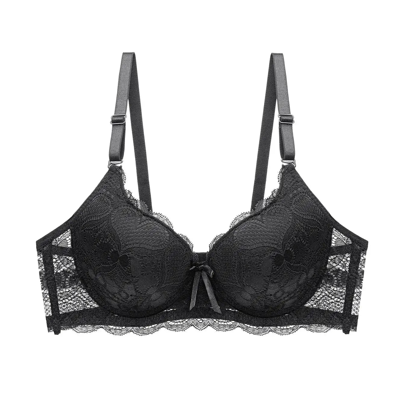 Black lace push-up bra with adjustable straps for women