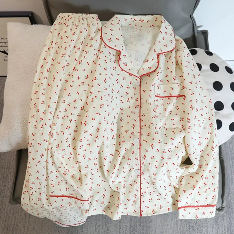 Autumn Cherry Pajama Set for Women Soft Polyester Knit Two Piece with Lapel Cardigan and Ankle Pants
