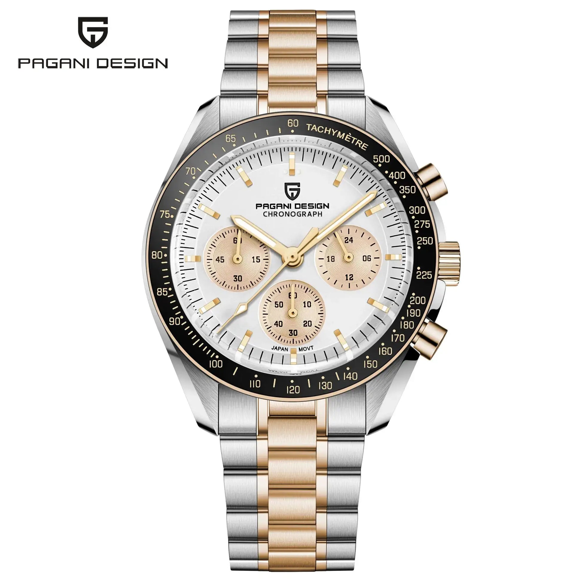Two-tone PAGANI DESIGN men's chronograph watch with stainless steel and gold bracelet and tachymeter bezel.