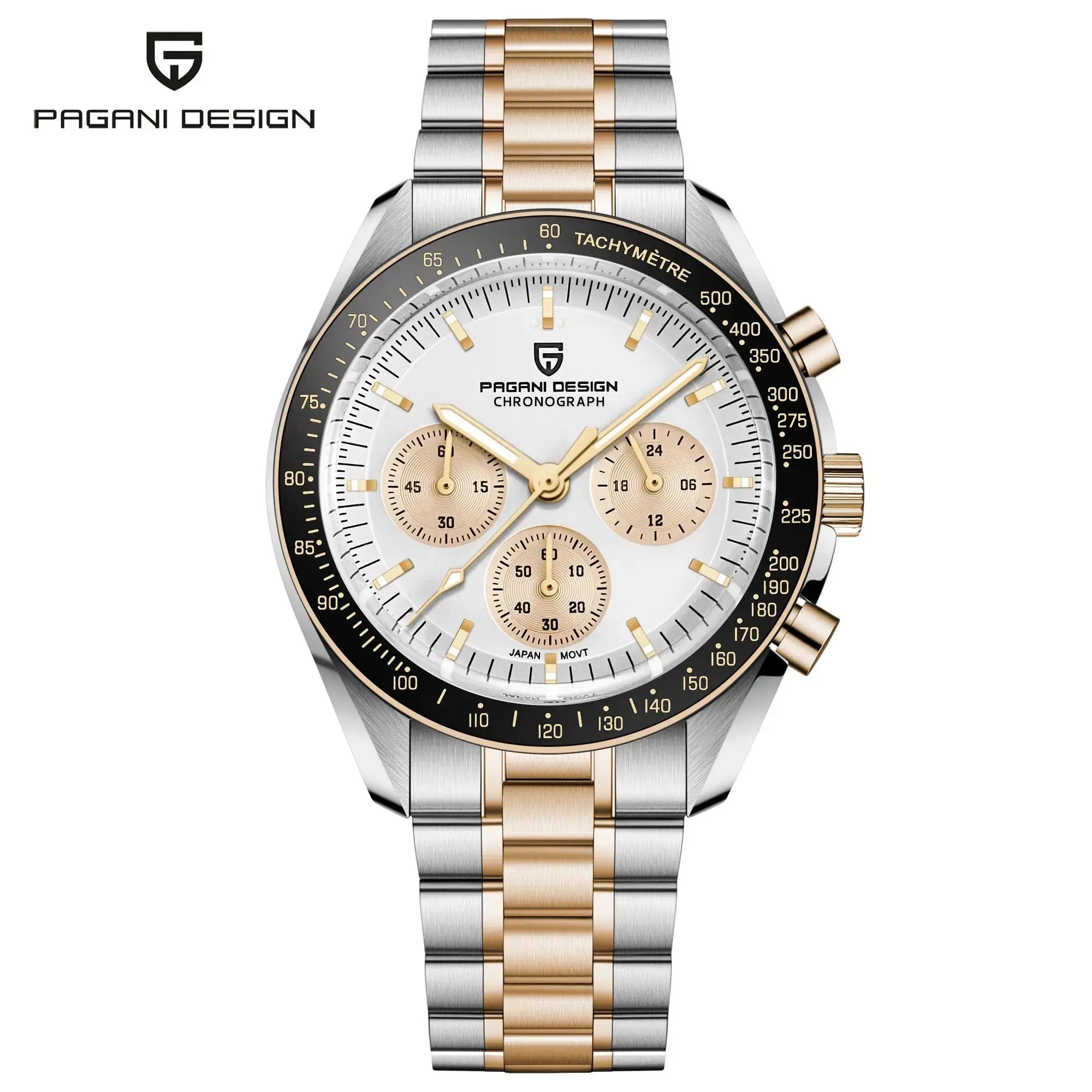 Two-tone PAGANI DESIGN men's chronograph watch with stainless steel and gold bracelet and tachymeter bezel.