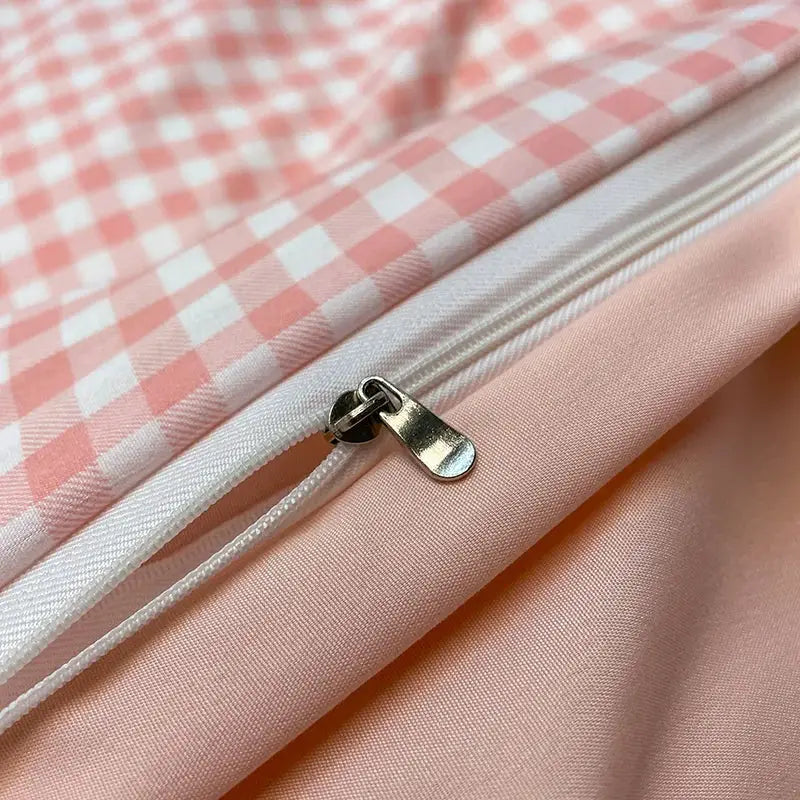 Duvet cover bedding set by Simples Market in pink Nordic plaid cotton with gingham pattern and zipper closure