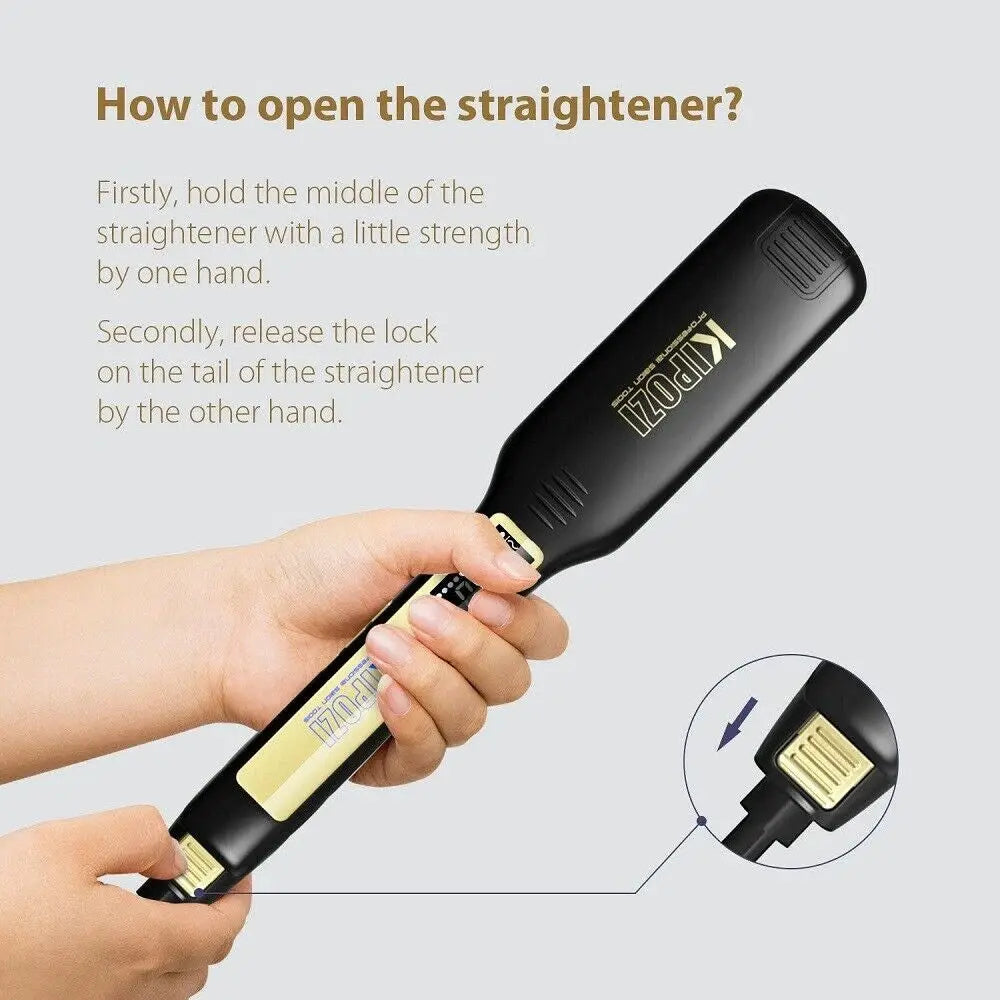 KIPOZI titanium flat iron hair straightener with digital LCD display; black with gold branding.