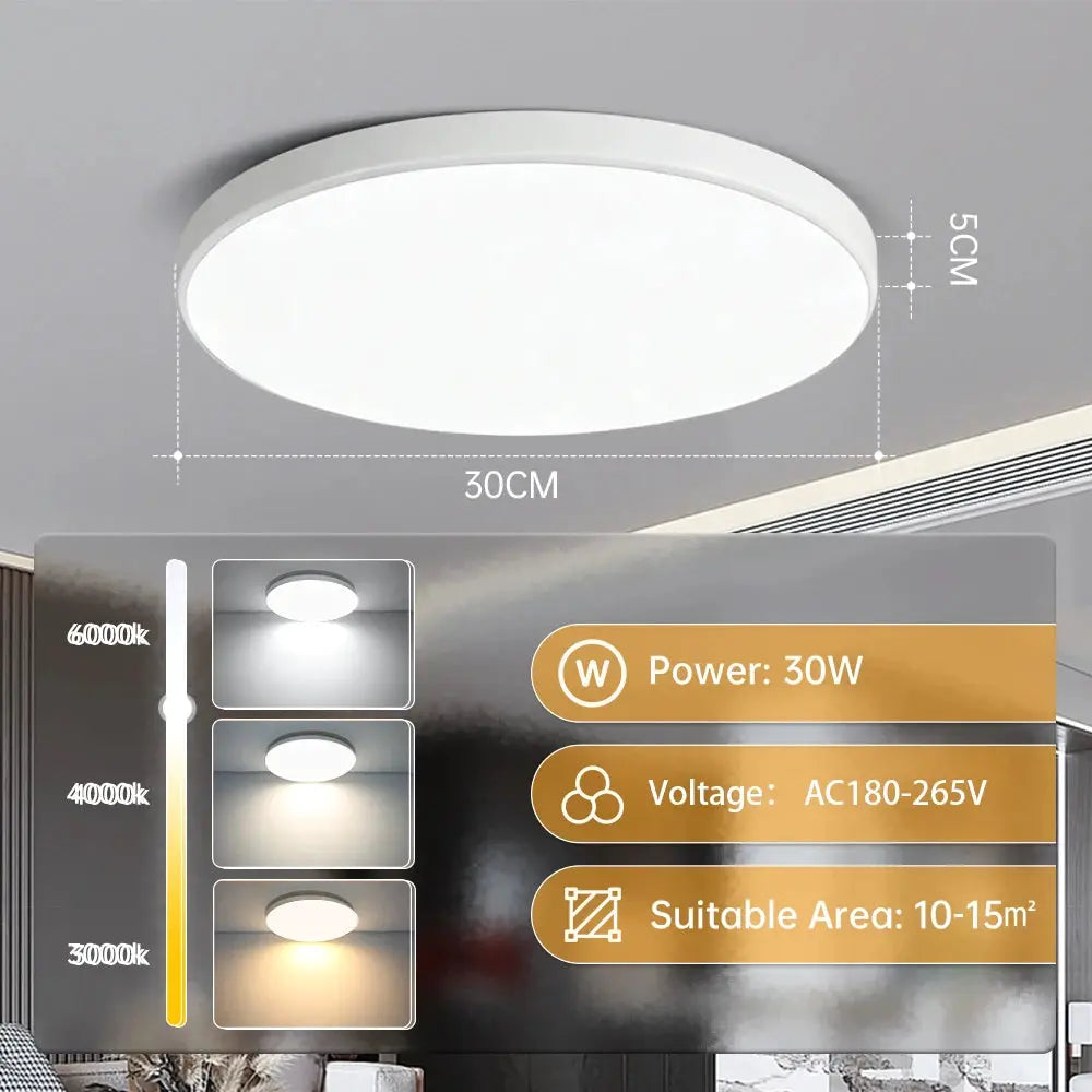 LED ceiling lamp, round ultra-thin panel (30cm diameter, 5cm height) with selectable CCT 3000-6000K, 30W, AC180-265V.