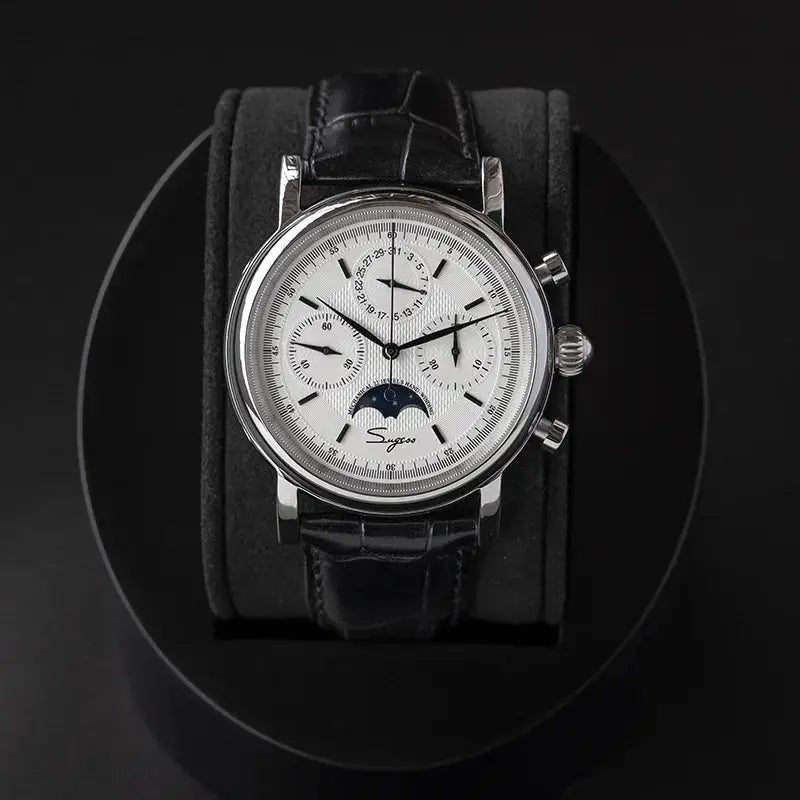 Sugess ST1908 men's mechanical chronograph watch with moonphase, white dial, black leather strap