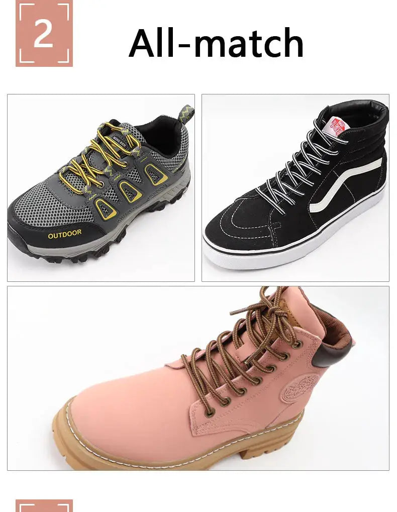 Three outdoor shoes: gray mesh hiking shoe, black high-top sneaker, and pink ankle boot.