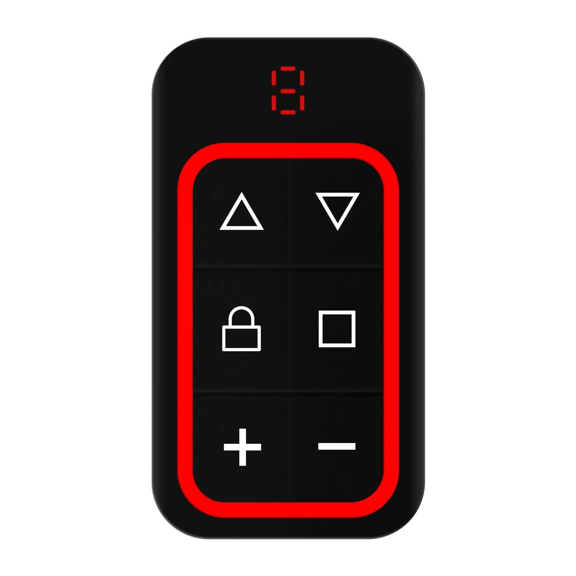 Garage door remote control, black with a red border, top digital display and arrow/lock icons