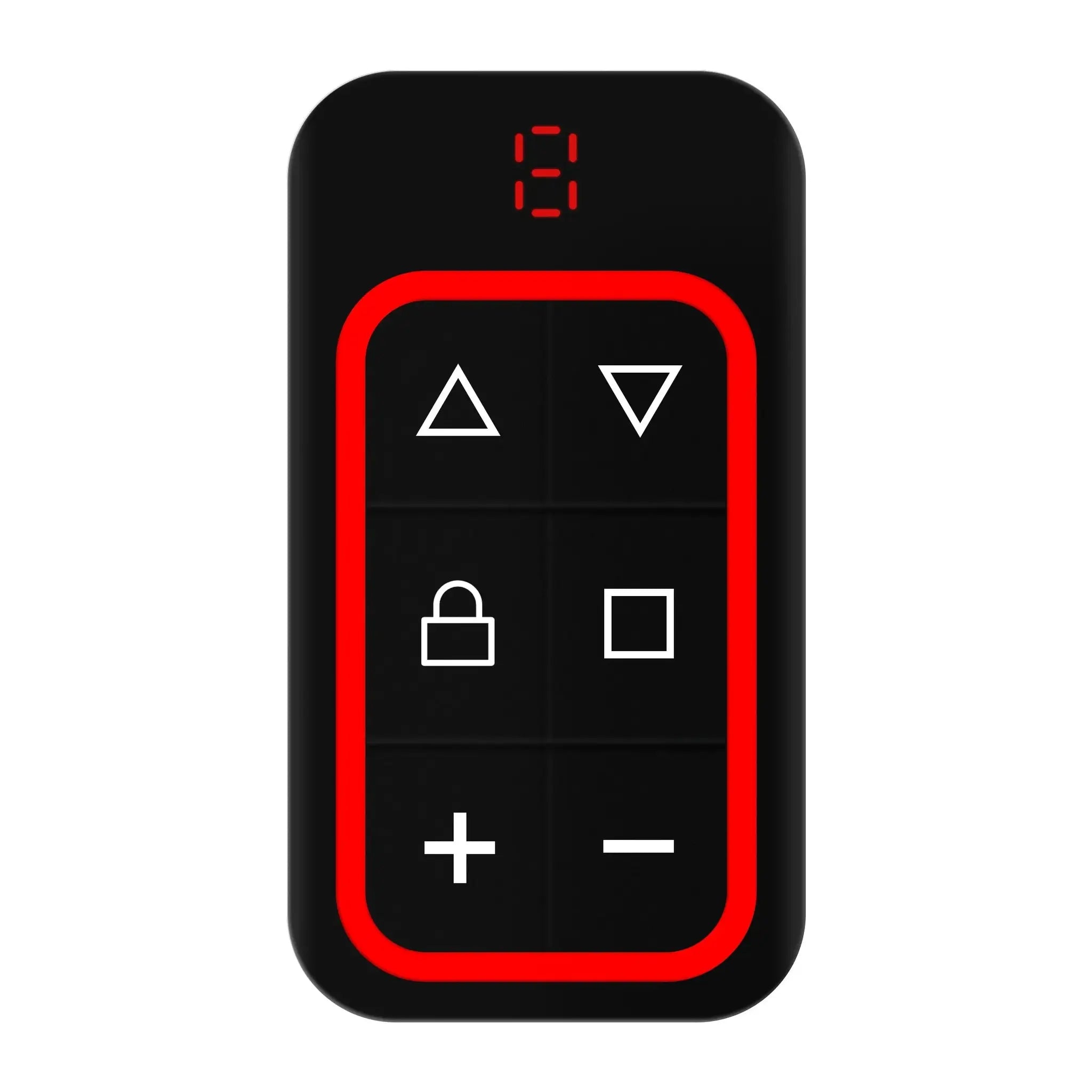 Garage door remote control, black with a red border, top digital display and arrow/lock icons