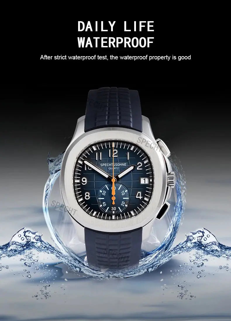Specht & Söhne New Classic 5167 watch with blue dial, orange hands, blue rubber strap, sapphire crystal, 50M waterproof