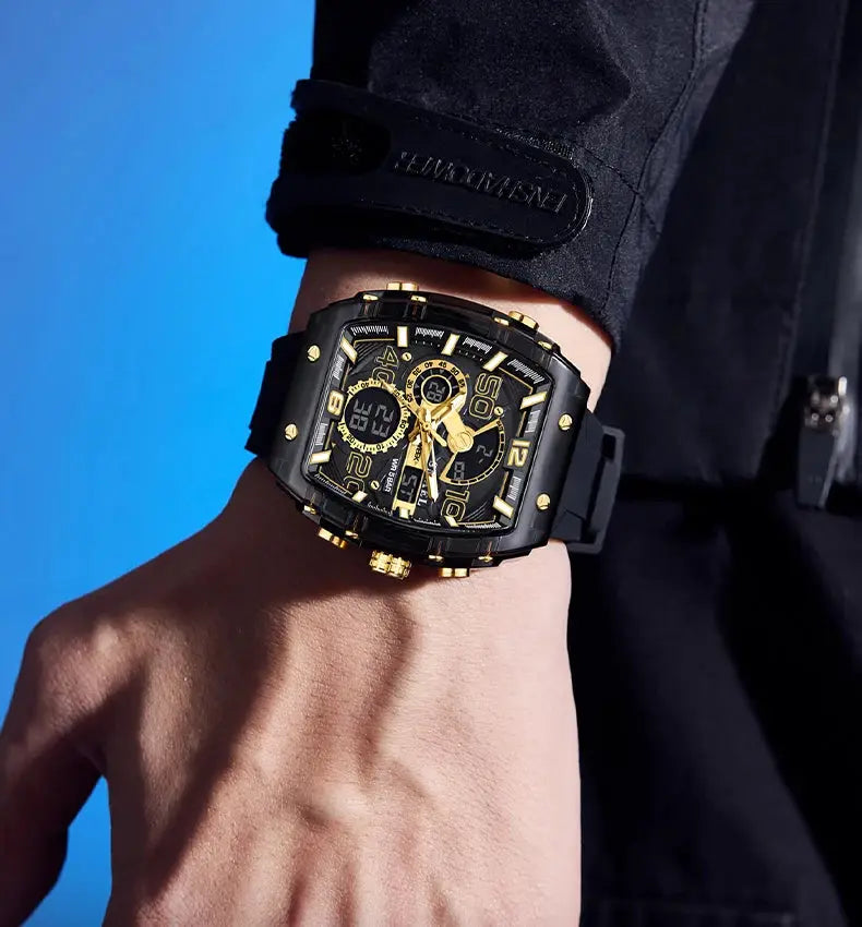 SMAEL 8109 men's square dual-display sport watch by Simples Market, black with gold accents and silicone strap