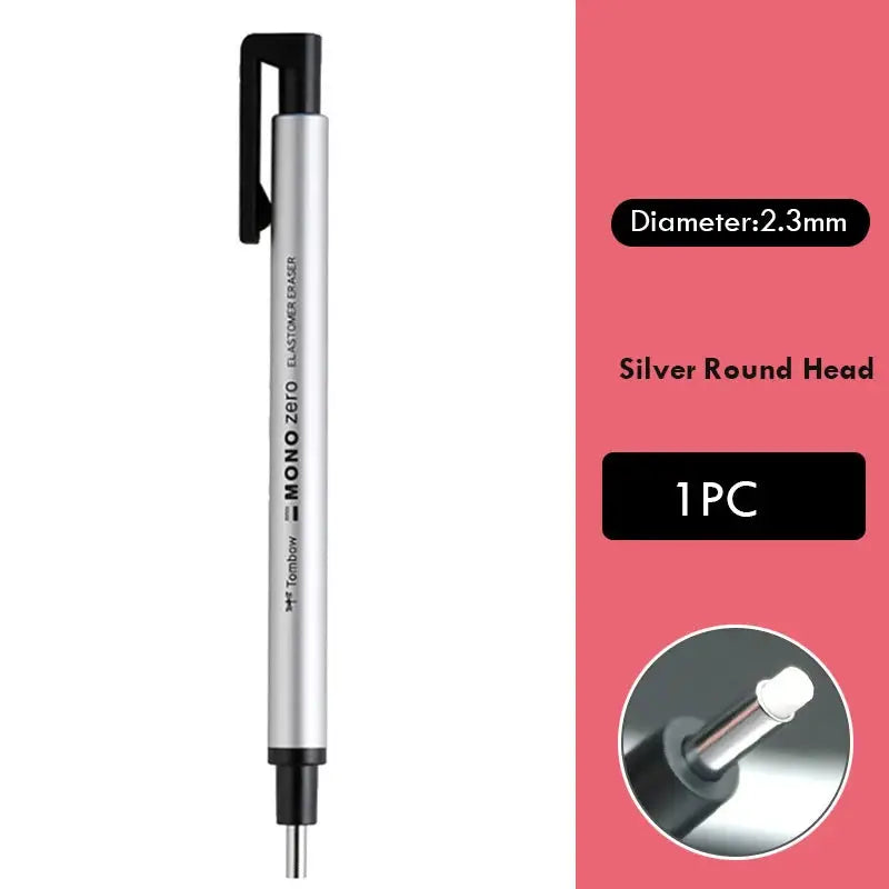 Tombow Mono Zero eraser pen in silver metal with black clip, 2.3mm diameter, 1pc