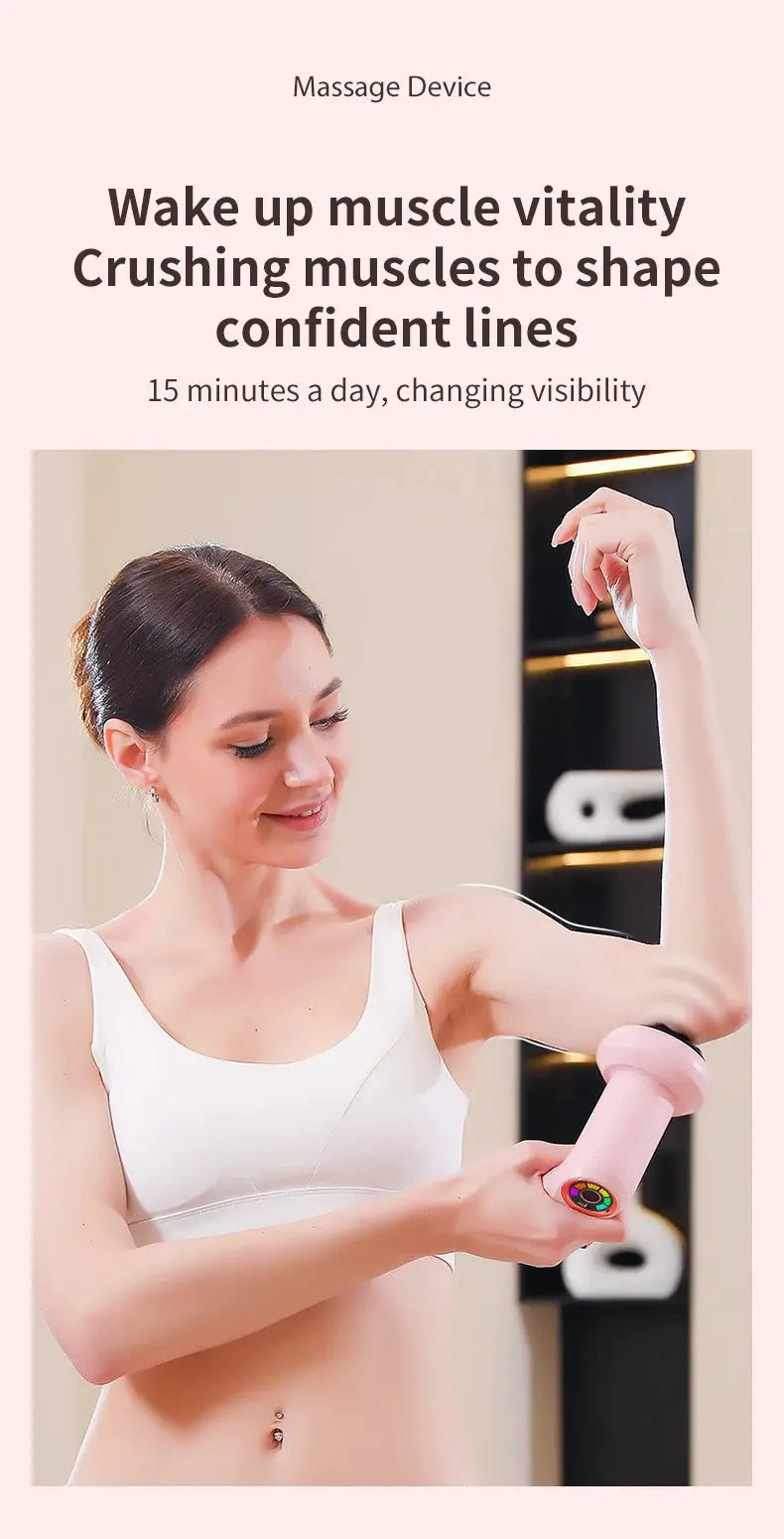 Simples Market pink cordless body massager, handheld cellulite massage device used on arm.