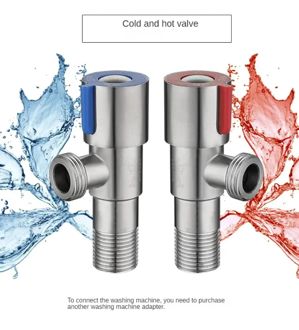 Pair of stainless steel two-way angle valves for bathroom water inlet with blue and red handles, G1/2 threads