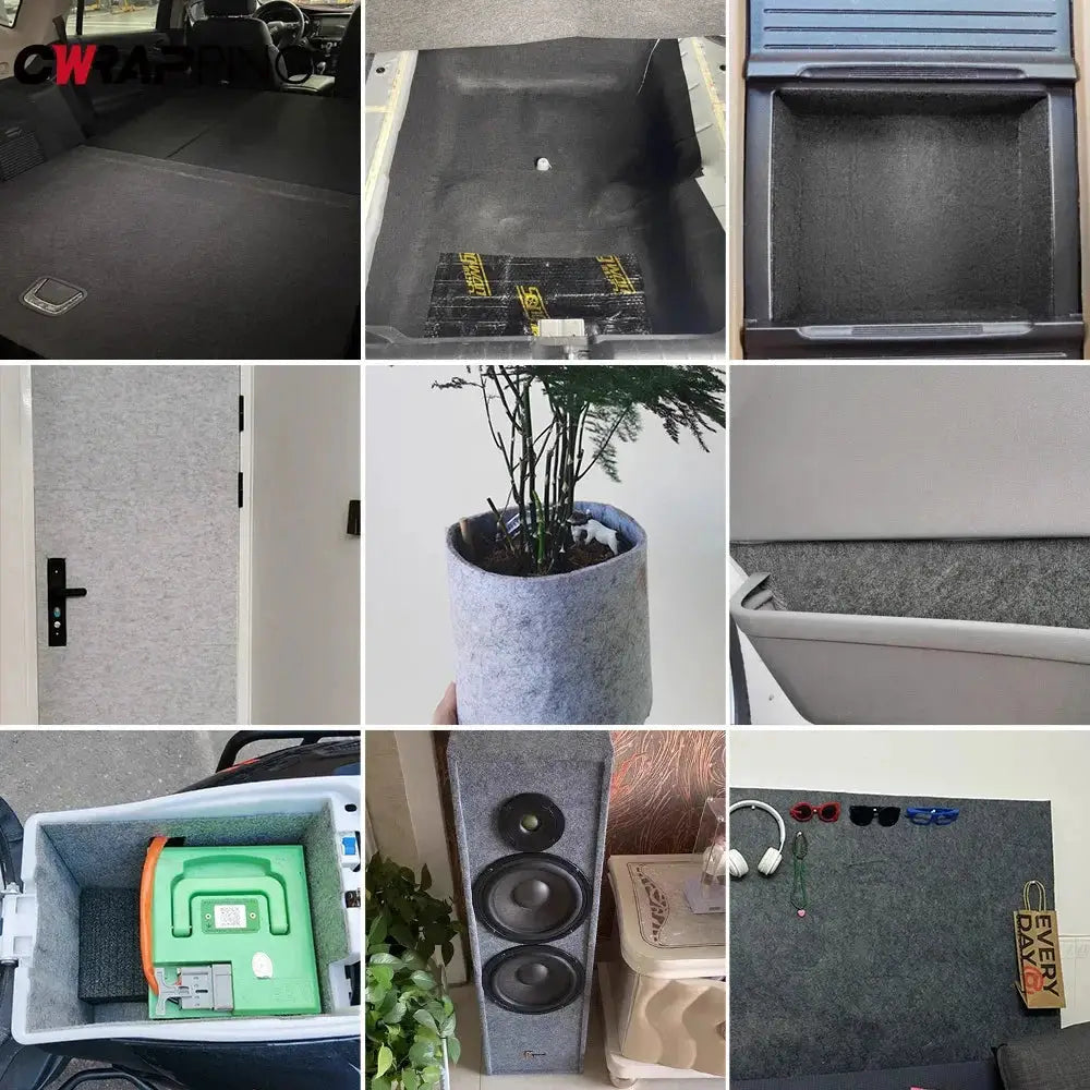 Car lining carpet felt cloth, self-adhesive gray non-woven fabric; Simples Market, 9-use collage.