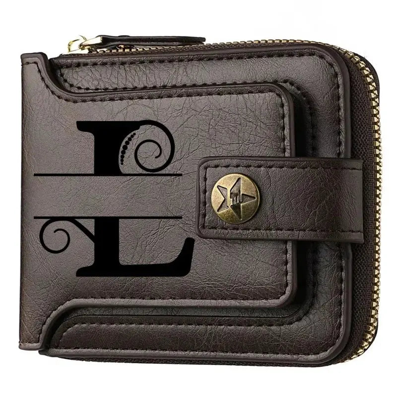 Brown PU leather short bifold wallet with zipper closure and a strap snap; personalized initials on front.