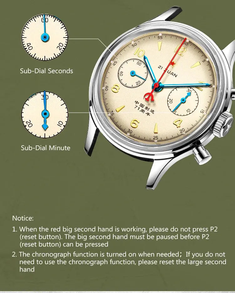 Red Star 38mm men's chronograph watch with beige dial, blue hands, red star logo, stainless steel case.