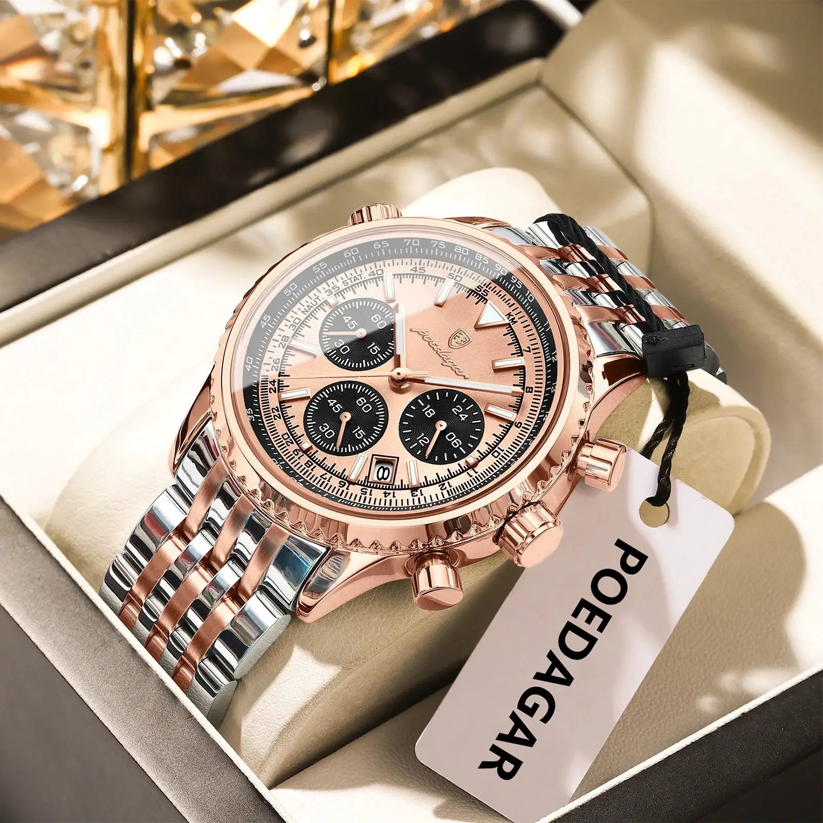 POEDAGAR men's two-tone rose gold and silver stainless steel chronograph wristwatch with date and luminous hands