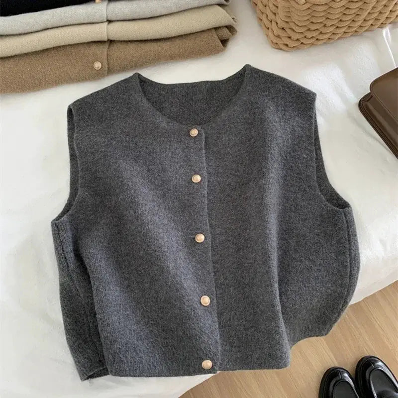 Women Gold Button Up Sweater Vest Waistcoat Soft Knitted Sleeveless Cardigan Jacket Top For Fall Winter Korean Chic Outfit