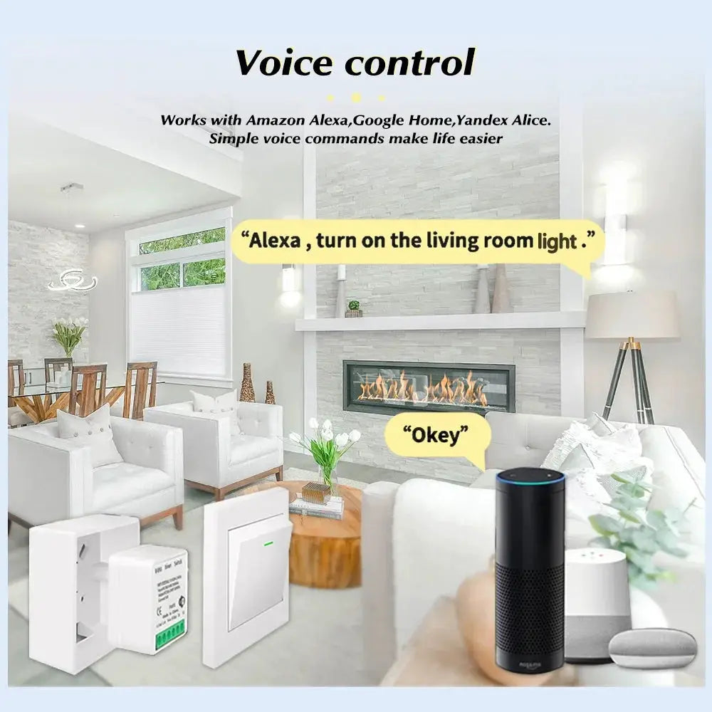 Simples Market WiFi/Zigbee 3.0 smart switch with timer breaker, 2‑way control for Alexa/Google Home, in a modern living room.