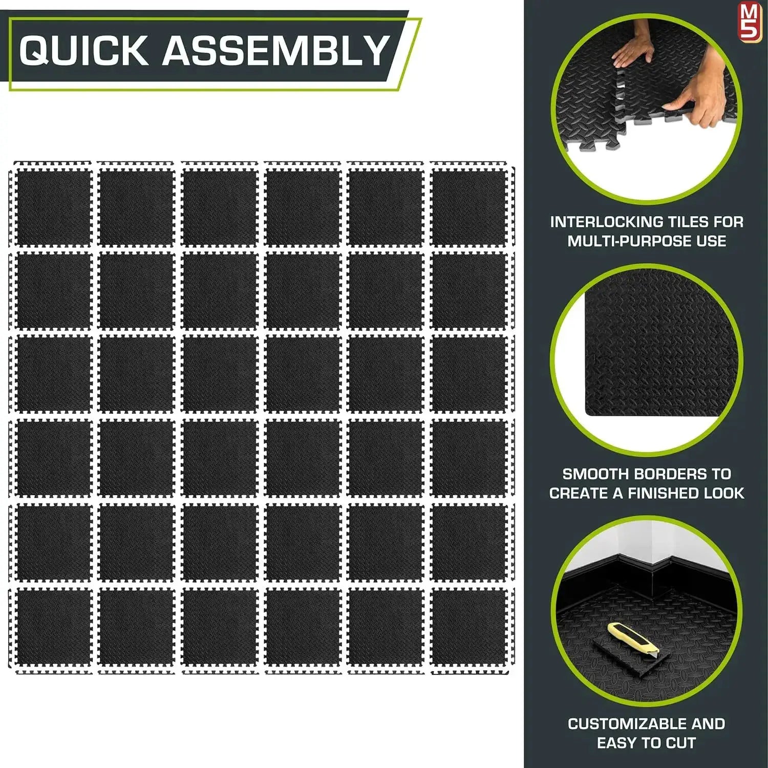 Simples Market massage cushion EVA foam interlocking puzzle mats in black with a non-slip surface for home gym flooring