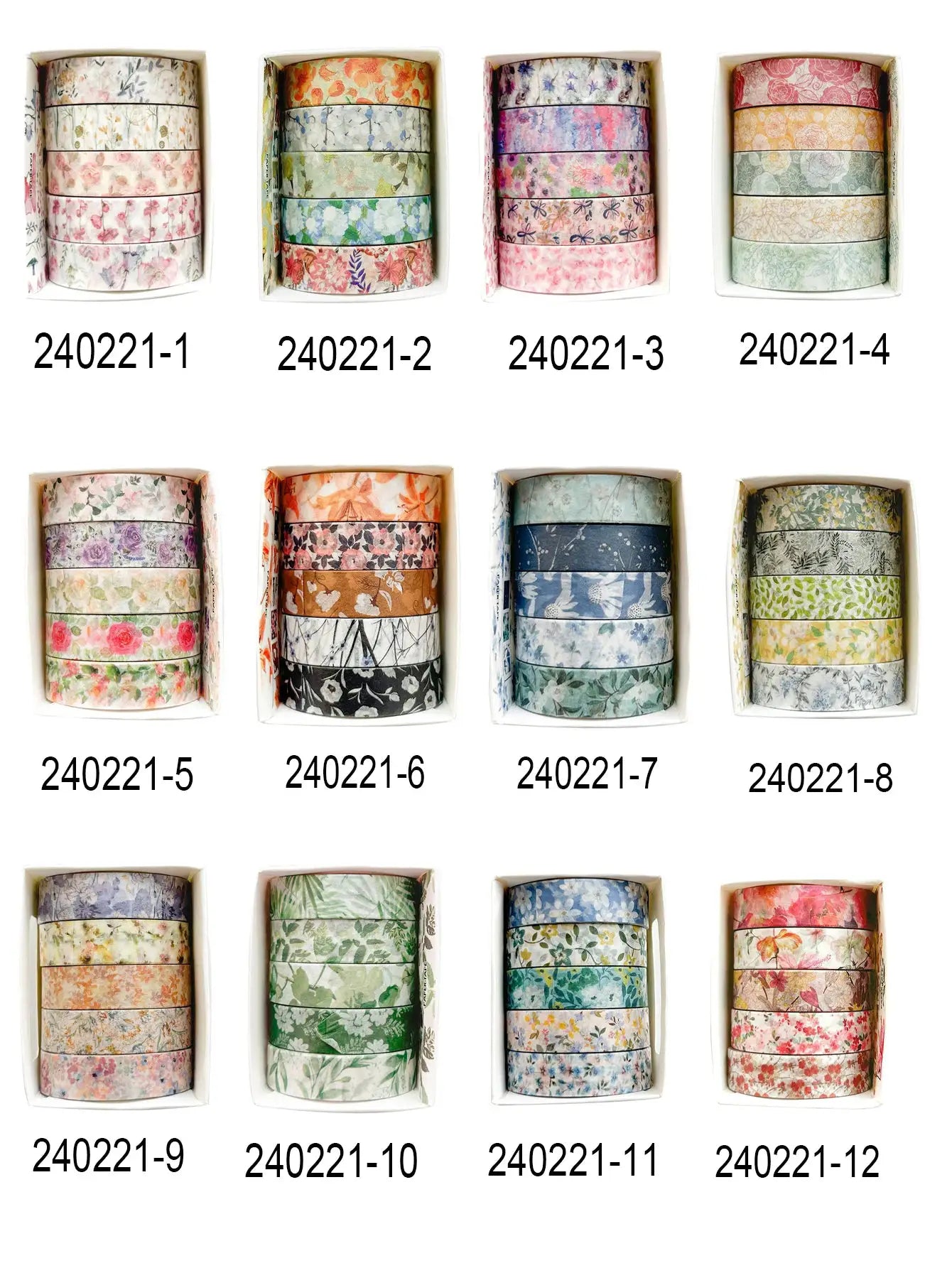 Boxed set of 5-roll romantic floral washi tape by Simples Market, 12 colorways