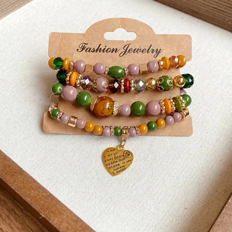 4 Piece Boho Strand Bracelet Set For Women With Crystal Beads Heart Charms And Letter Accents
