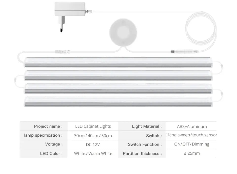 Simples Market Under-Cabinet LED bar light with 4 aluminum bars, 12V dimmable touch sensor switch, white light
