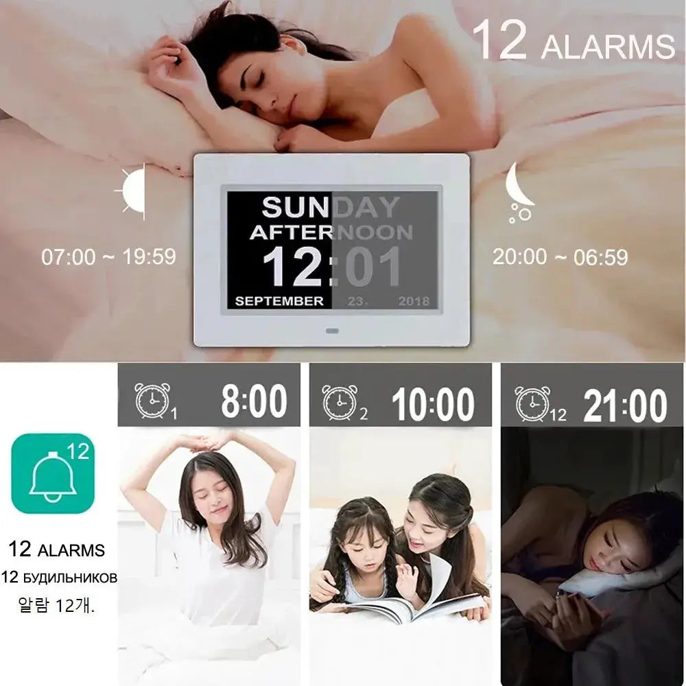Simples Market 12-Alarm LED Calendar Clock; white plastic device with multilingual time/date display.