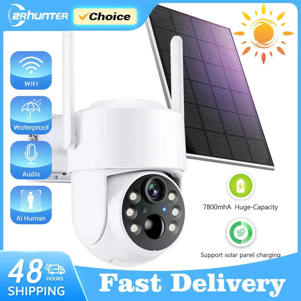 Outdoor solar-powered WiFi PTZ security camera, 4MP HD with built-in battery and solar charging