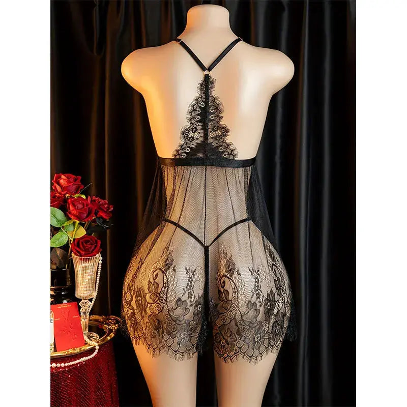 LaceLuxe Suspender Lingerie Set Front Open Lace Up Dress For Plus Size Women With Confidence