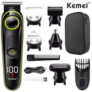 Kemei 696 electric hair clipper with 5-in-1 attachments for men, black with lime accents, includes case