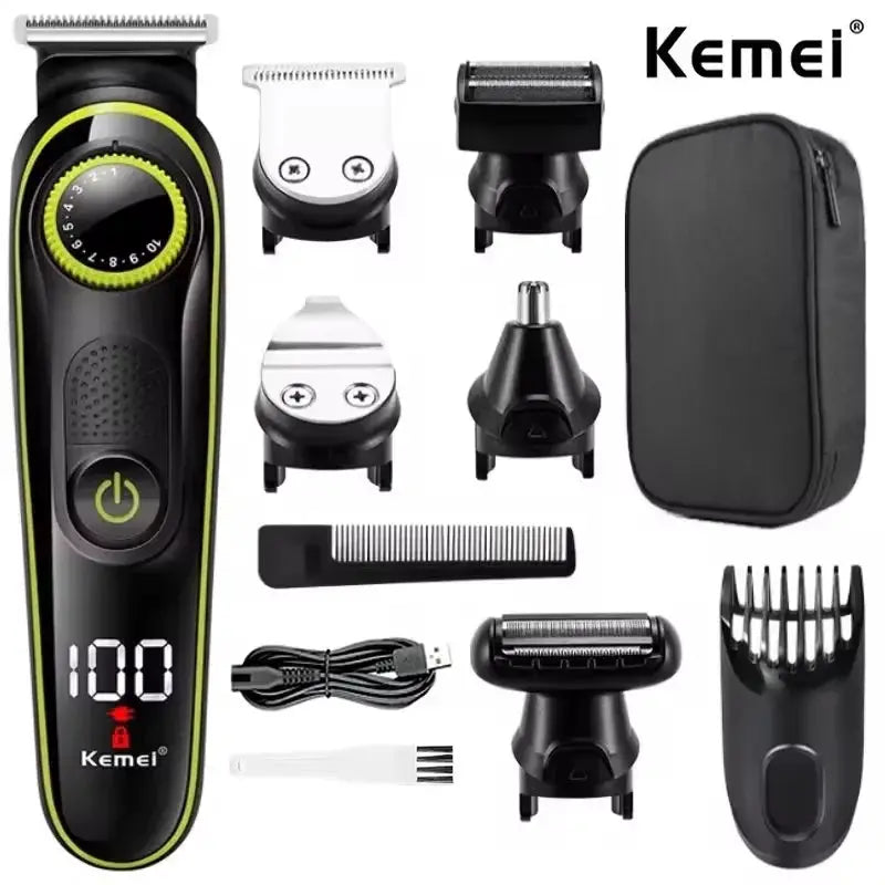 Kemei 696 electric hair clipper with 5-in-1 attachments for men, black with lime accents, includes case