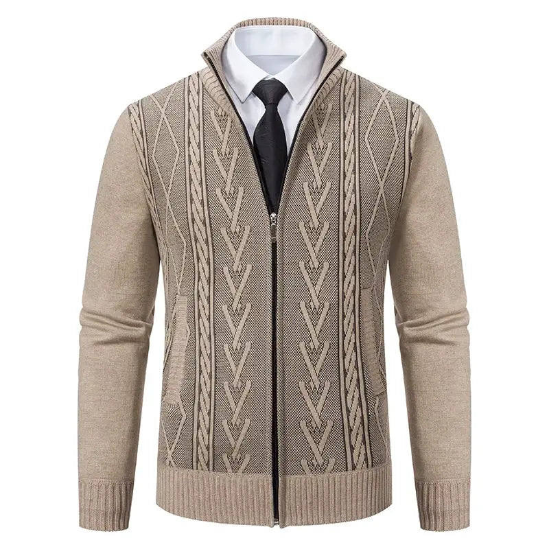 Men's beige cashmere padded knitted sweater coat with zip front and vertical geometric patterns