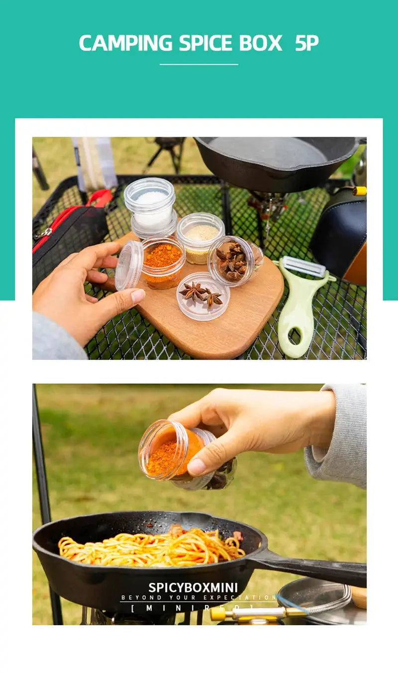 Camping spice kit with 5 clear jars on a wooden board; portable spice containers with orange seasoning and star anise.