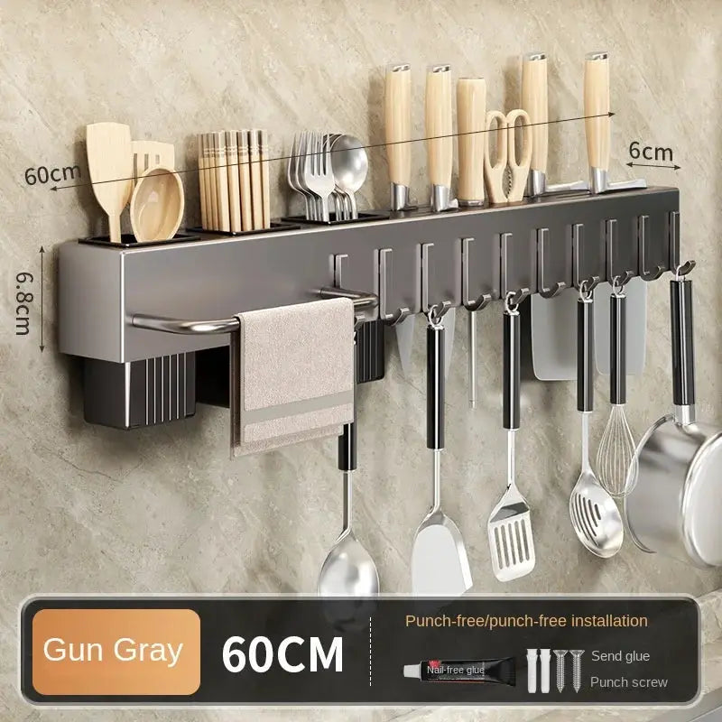 Tool-free Kitchen Shelf by Simples Market, gun gray 60cm wall-mounted utensil rack with knife and tool hooks